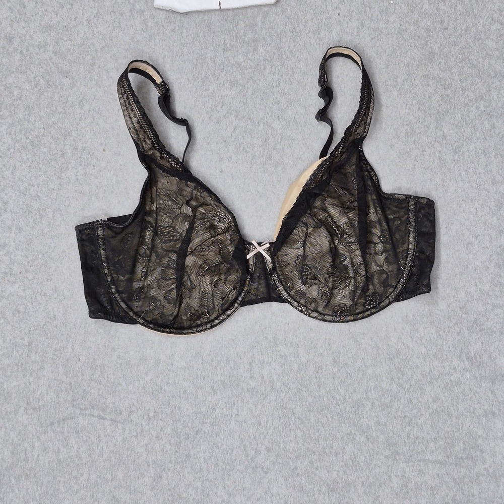 Cacique Women Bra 40DD Black Floral Balconette Underwired Lace Bow